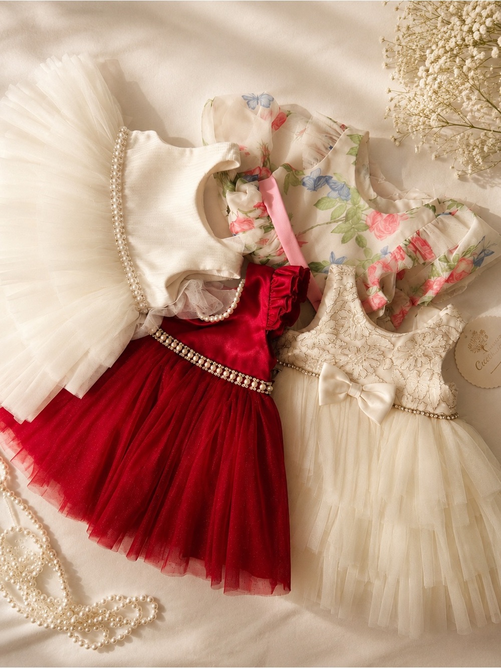 Bundle of Girls Formal Tulle Dresses in Red, Ivory, Floral